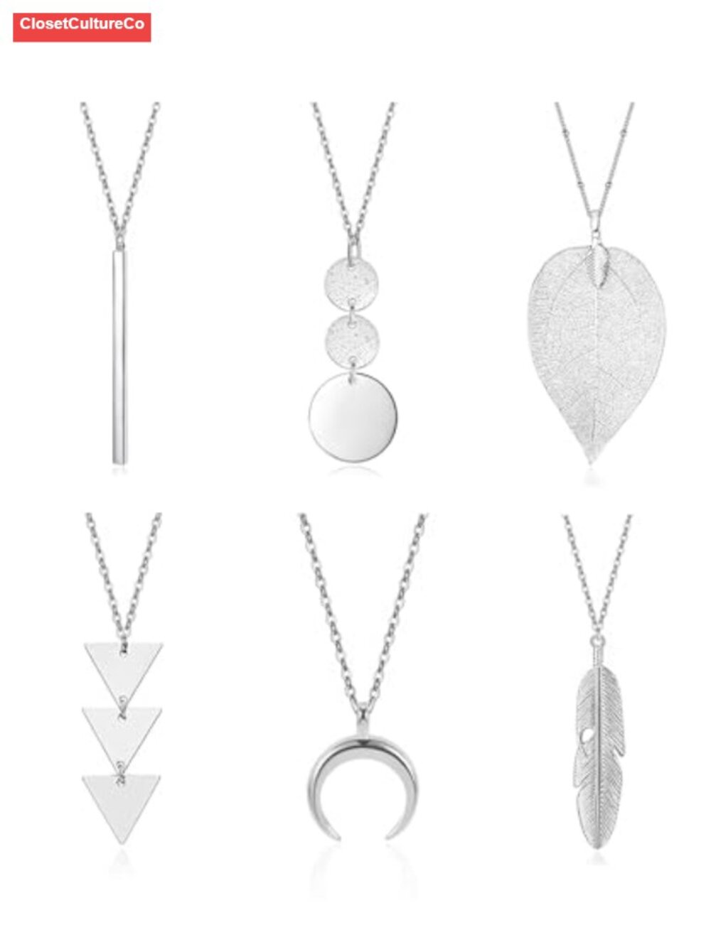6 Pc Long Necklace Set Silver Alloy Bar Feather Circle Leaf Moon Pendant